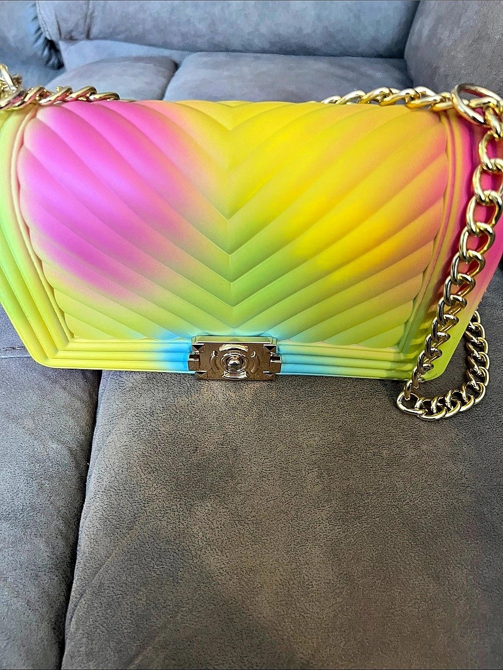 Chevron Quilted Shoulder Bag in Yellow & Pink